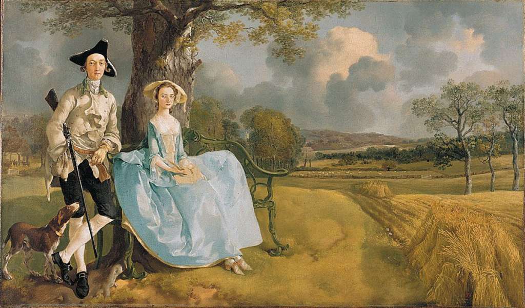 London National Gallery Next 20 16 Thomas Gainsborough - Mr and Mrs Andrews Thomas Gainsborough � Mr. and Mrs. Andrews, 1748-9, 70 x 119 cm. The church whose tower is seen in the centre background is St. Peter�s, Sudbury, where Robert Andrews and Frances Mary Carter were married in 1748. Mr. Andrews nonchalantly has his gun under his arm. Mrs. Andrews, ramrod straight and neatly composed, has a space in her lap that may have been meant to hold a book or a bird her husband had shot. Gainsborough beautifully paints the gold and green of fields and woodland, the supple curves of fertile land meeting the stately clouds. The acid blue hooped skirt almost, but not quite, rhymes with the curved bench back, her silk shoes point like the bench seat, while Mr. Andrews�s substantial shoes point like the tree roots.